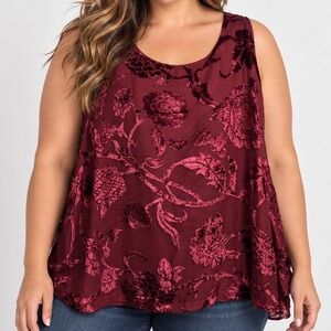 Ulla Popken 32/34 Plus Size Burnout Velvet Floral Tank Top Burgundy Lagenlook